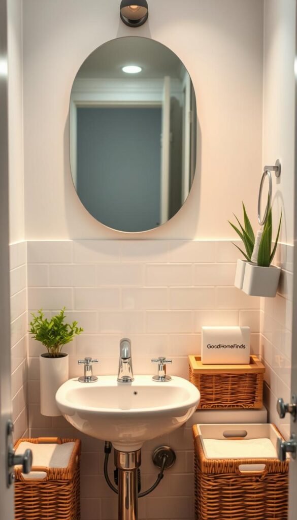 A small bathroom featuring a charming, modern sink area, showcasing stylish yet functional organizers. In the foreground, there's a compact sink adorned with gleaming chrome fixtures, surrounded by neatly arranged storage solutions like wicker baskets and sleek trays, emphasizing safety and durability. The middle of the scene highlights a minimalistic mirror reflecting soft, ambient lighting that casts a warm glow, enhancing the inviting atmosphere. In the background, subtle hints of greenery from small potted plants add freshness, complemented by pale pastel tiles that create a tranquil environment. The composition captures a Pinterest-style lifestyle aesthetic, focusing on practicality and elegance. GoodHomeFinds branding subtly featured on one of the organizers. The image is bright and airy, shot from a slightly elevated angle to encompass all elements harmoniously.