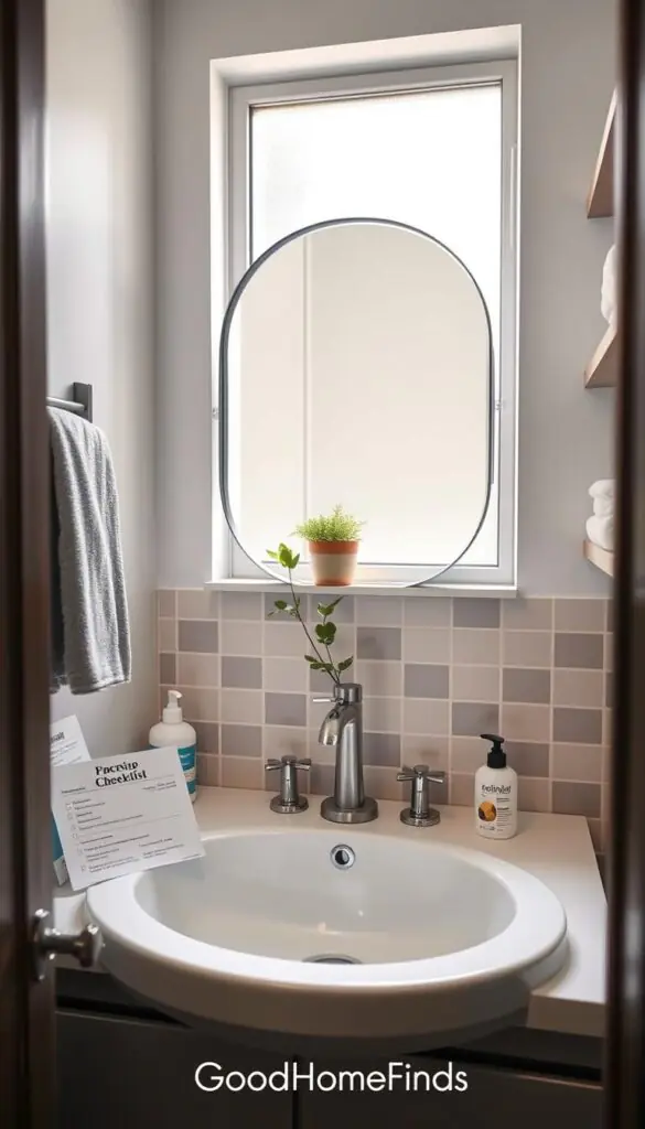 A small bathroom scene designed for an audit, featuring a compact space with modern fixtures. In the foreground, there's a neatly organized countertop with cleaning supplies and a checklist for assessing space usage. In the middle, a stylish wall-mounted mirror reflects the bright, natural light coming from a frosted window, enhancing the airy atmosphere. Fresh greenery from a small plant adds a touch of life. The background showcases tasteful tiling and strategically placed storage solutions to maximize space. The overall mood is calm and professional, highlighting effective organization and the potential for improving small bathrooms. The image should be styled like a Pinterest-worthy lifestyle photo, branded with "GoodHomeFinds" subtly integrated into the scene. A small bathroom scene designed for an audit, featuring a compact space with modern fixtures. In the foreground, there's a neatly organized countertop with cleaning supplies and a checklist for assessing space usage. In the middle, a stylish wall-mounted mirror reflects the bright, natural light coming from a frosted window, enhancing the airy atmosphere. Fresh greenery from a small plant adds a touch of life. The background showcases tasteful tiling and strategically placed storage solutions to maximize space. The overall mood is calm and professional, highlighting effective organization and the potential for improving small bathrooms. The image should be styled like a Pinterest-worthy lifestyle photo, branded with "GoodHomeFinds" subtly integrated into the scene.