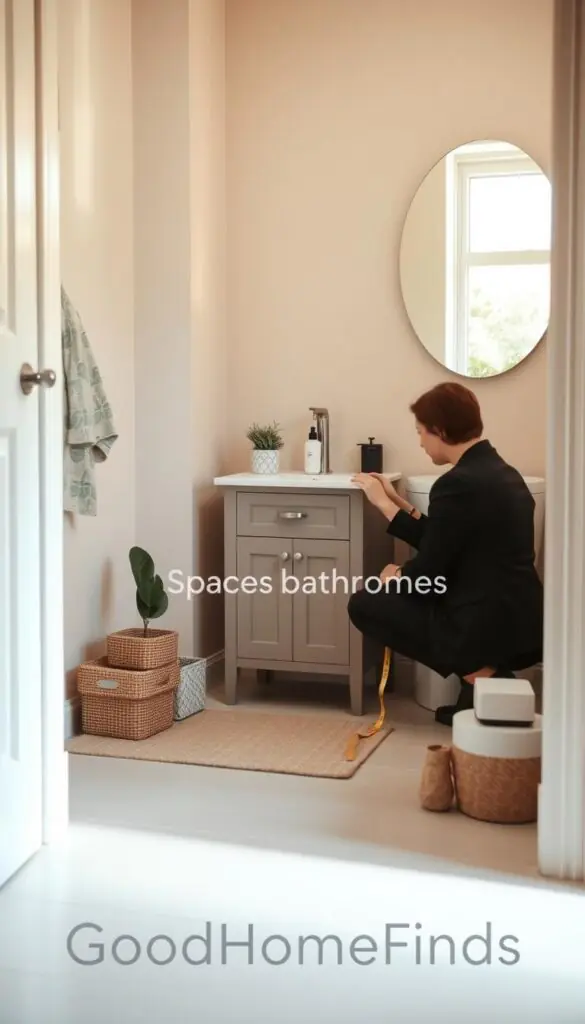 A small bathroom space assessment in a well-lit environment, showcasing a neatly arranged area with pastel-colored walls and minimalist decor. In the foreground, a person in professional business attire kneels beside a compact vanity, measuring with a tape measure, exuding a focused and practical atmosphere. The middle ground features essential bathroom items like a small plant, stylish storage boxes, and budget-friendly decor ideas, arranged thoughtfully. In the background, a mirror reflects soft natural light pouring in from a nearby window, enhancing the serene vibe. The overall composition suggests a balance between functionality and aesthetics, embodying a mood of calm and creativity. Include the text "GoodHomeFinds" subtly within the scene, emphasizing an appealing lifestyle approach to budgeting and space assessment.