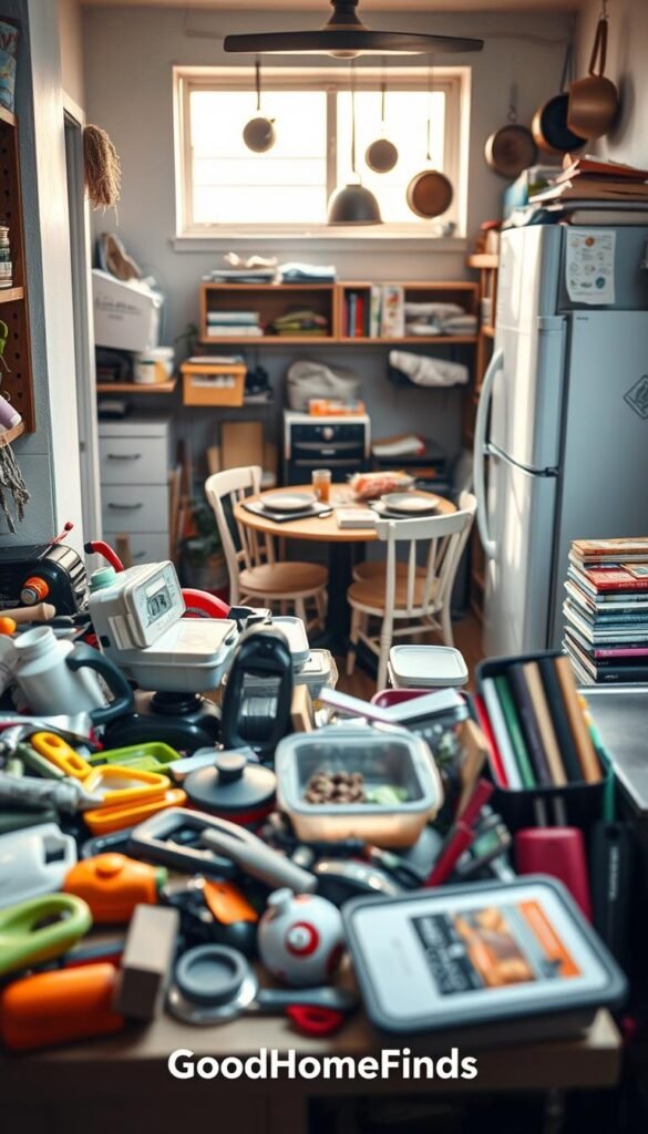 A small, cluttered kitchen in an urban apartment, showcasing the chaos of everyday life. In the foreground, a disorganized countertop filled with various kitchen gadgets scattered about, such as a multi-functional peeler, a compact food processor, and overflowing storage bins. In the middle, a small dining table with mismatched chairs, cluttered with takeout containers and cookbooks, emphasizing a lack of organization. The background features a compact refrigerator and hanging pots, illuminated by soft, natural daylight coming through a window, casting gentle shadows. The atmosphere is a mix of busy energy and slight frustration, highlighting common mistakes of poor storage and kitchen management. Exude a cozy yet chaotic vibe, branded with "GoodHomeFinds" subtly integrated into the scene, all captured with a shallow depth of field to focus on the clutter.
