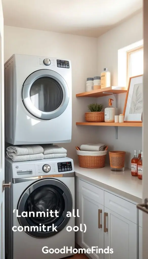 A small, cozy laundry room designed for efficiency and comfort, showcasing a stackable washer and dryer to maximize space. The focus is a neat countertop, adorned with neatly folded towels and a decorative plant, accompanied by a laundry basket made of natural materials. In the background, shelves display neatly organized laundry supplies and a stylish art piece. Soft, natural light streams in through a small window, illuminating the room with a warm and inviting glow. The colors are soft pastels with a calming atmosphere, emphasizing the practicality of small-space living. The scene has a Pinterest-worthy aesthetic, perfect for "GoodHomeFinds," highlighting smart organization and minimalism in small homes.