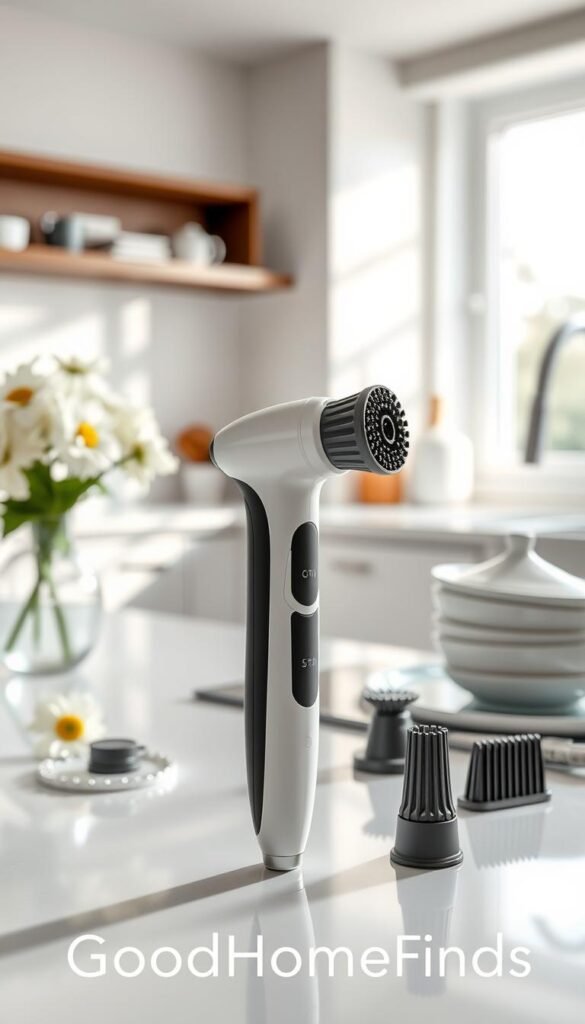 A small, innovative cleaning gadget tool, showcasing a compact design with ergonomic grips and multiple interchangeable heads for various cleaning tasks. In the foreground, the tool is elegantly displayed on a sleek kitchen countertop, surrounded by sparkly clean dishware and fresh flowers to evoke a tidy atmosphere. In the middle background, a modern, well-lit kitchen creates an inviting environment, accentuated by soft, natural light streaming through a window. The lens captures an intimate close-up, highlighting the tool's texture and functionality, while a shallow depth of field blurs the background slightly. The mood conveys a sense of efficiency and simplicity, emphasizing how this practical gadget seamlessly integrates into everyday life. The brand "GoodHomeFinds" subtly enhances the scene without distraction.