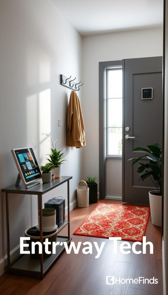 A small, modern apartment entryway designed for functionality and style, showcasing smart tech elements. In the foreground, a sleek, compact console table holds a digital smart home hub and potted plants, surrounded by stylish decor. The middle ground features a functional wall-mounted coat rack with smart hooks that light up when approached, paired with a vibrant entry rug that adds warmth. In the background, a door with a smart lock features subtle LED lighting, enhancing safety. Natural light filters in through a nearby window, creating a welcoming atmosphere. The mood is minimalist yet inviting, capturing the essence of "Entryway Tech". Shot with a wide-angle lens, emphasizing depth and spatial efficiency. The overall color palette is neutral with pops of green. No text or watermarks; clean, Pinterest-style aesthetic. GoodHomeFinds branding subtly integrated in the decor. A small, modern apartment entryway designed for functionality and style, showcasing smart tech elements. In the foreground, a sleek, compact console table holds a digital smart home hub and potted plants, surrounded by stylish decor. The middle ground features a functional wall-mounted coat rack with smart hooks that light up when approached, paired with a vibrant entry rug that adds warmth. In the background, a door with a smart lock features subtle LED lighting, enhancing safety. Natural light filters in through a nearby window, creating a welcoming atmosphere. The mood is minimalist yet inviting, capturing the essence of "Entryway Tech". Shot with a wide-angle lens, emphasizing depth and spatial efficiency. The overall color palette is neutral with pops of green. No text or watermarks; clean, Pinterest-style aesthetic. GoodHomeFinds branding subtly integrated in the decor.