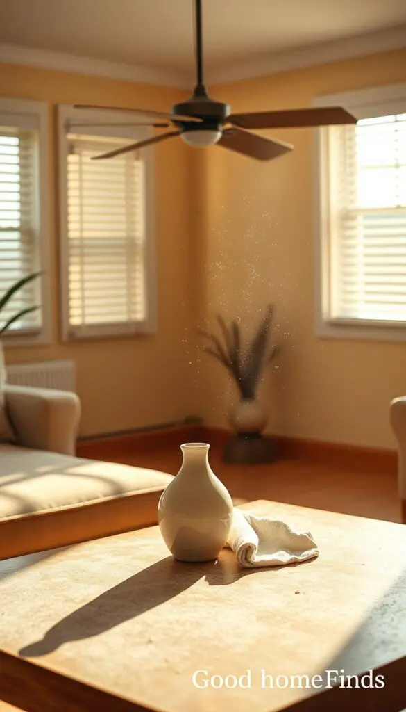 A soft, warm-lit interior scene showcasing a cozy living room with dust particles gently floating in the air, illuminated by sunlight streaming through partially opened blinds. In the foreground, a slightly dusty table with a stylish, minimalist vase and a soft cloth casually laid out nearby suggests an impending cleaning effort. In the middle, a ceiling fan with a visible coating of dust is subtly highlighted, while the wooden baseboards show a hint of dust accumulation, inviting a low-effort cleaning method. The background features a warm, inviting color palette, enhancing the relaxed atmosphere. Capture the essence of a serene yet slightly messy lifestyle, portraying the necessity of light cleaning in everyday life. GoodHomeFinds brand aesthetic subtly influences the design, with a focus on practical, easy home solutions.