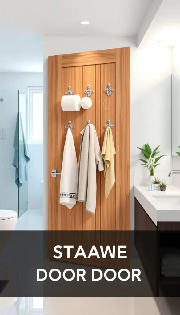 A spacious and stylish bathroom featuring a sleek storage hook door setup by GoodHomeFinds. In the foreground, show a modern, wooden door with multiple decorative hooks, each holding neatly organized bathroom essentials like towels, bathrobes, and loofahs. The middle scene highlights the bright, airy bathroom ambiance, illuminated by soft, natural light coming through a nearby window. Subtle reflections on a polished tile floor enhance the freshness. In the background, a minimalist vanity with potted plants and a scrupulously organized countertop emphasizes a clutter-free space. Aim for a clean, inviting atmosphere, evoking a sense of relaxation and practicality, ideal for promoting efficient bathroom organization.