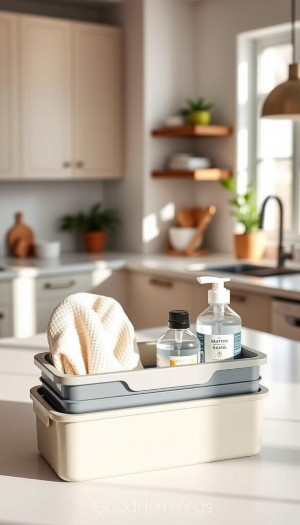 A spacious, modern kitchen featuring a well-organized minimal cleaning kit in a durable, stylish storage container. In the foreground, a sleek, stackable storage box made of sturdy, eco-friendly materials holds essential cleaning tools like a microfiber cloth, a reusable spray bottle, and natural cleaning solution. The middle ground showcases a pristine countertop, illuminated by soft, natural light streaming through a window, highlighting the cleanliness and efficiency of the space. In the background, subtle greenery or houseplants add warmth to the atmosphere. The overall mood is inviting and practical, reflecting a tidy yet functional living environment. The scene is designed in a Pinterest-style lifestyle aesthetic, suitable for the brand "GoodHomeFinds".