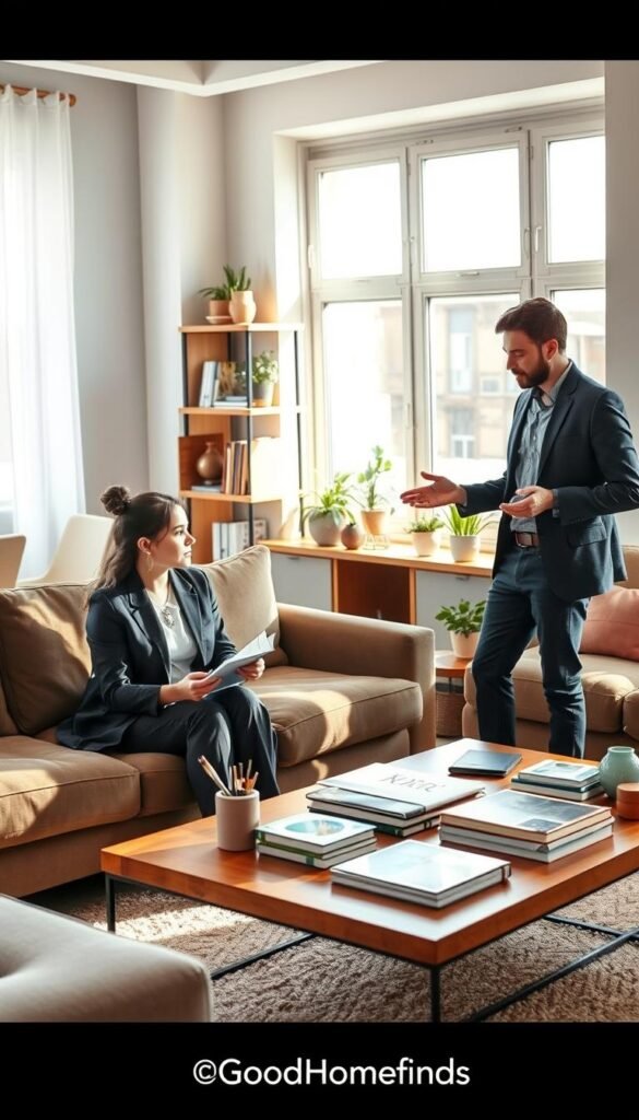 A spacious shared apartment living room with two roommates engaging in an organized discussion about ground rules to prevent clutter. In the foreground, one roommate, a woman in smart casual attire, is seated on a plush couch, holding a notebook and pen, actively taking notes. The second roommate, a man in a stylish but modest outfit, stands nearby gesturing toward a neatly arranged coffee table with organizational supplies and decorative items. The middle background features shelves with potted plants and books, adding a cozy vibe. Soft natural light streams in through large windows, illuminating the scene and casting gentle shadows. The overall atmosphere is collaborative and positive, reflecting a sense of teamwork and purpose in maintaining a tidy shared space. The image has a Pinterest aesthetic, evoking inspiration from the brand "GoodHomeFinds." A spacious shared apartment living room with two roommates engaging in an organized discussion about ground rules to prevent clutter. In the foreground, one roommate, a woman in smart casual attire, is seated on a plush couch, holding a notebook and pen, actively taking notes. The second roommate, a man in a stylish but modest outfit, stands nearby gesturing toward a neatly arranged coffee table with organizational supplies and decorative items. The middle background features shelves with potted plants and books, adding a cozy vibe. Soft natural light streams in through large windows, illuminating the scene and casting gentle shadows. The overall atmosphere is collaborative and positive, reflecting a sense of teamwork and purpose in maintaining a tidy shared space. The image has a Pinterest aesthetic, evoking inspiration from the brand "GoodHomeFinds."