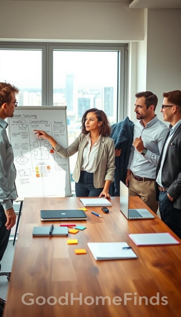 A spacious, well-lit modern office setting in the foreground featuring a diverse group of three professionals, one woman and two men, engaged in a collaborative problem-solving session. The woman, dressed in a smart casual blouse and blazer, points at a whiteboard filled with flowcharts and diagrams, illustrating a step-by-step problem-solving process. The men, in professional attire, nod thoughtfully as they contribute ideas. In the middle ground, a sleek wooden table is adorned with notebooks, a laptop, and colorful sticky notes. The background showcases a bright window with a view of a vibrant cityscape, bathed in natural sunlight. The atmosphere is focused and energetic, reflecting teamwork and creativity. The overall image embodies the essence of "GoodHomeFinds," emphasizing practicality and collaboration in decision-making.