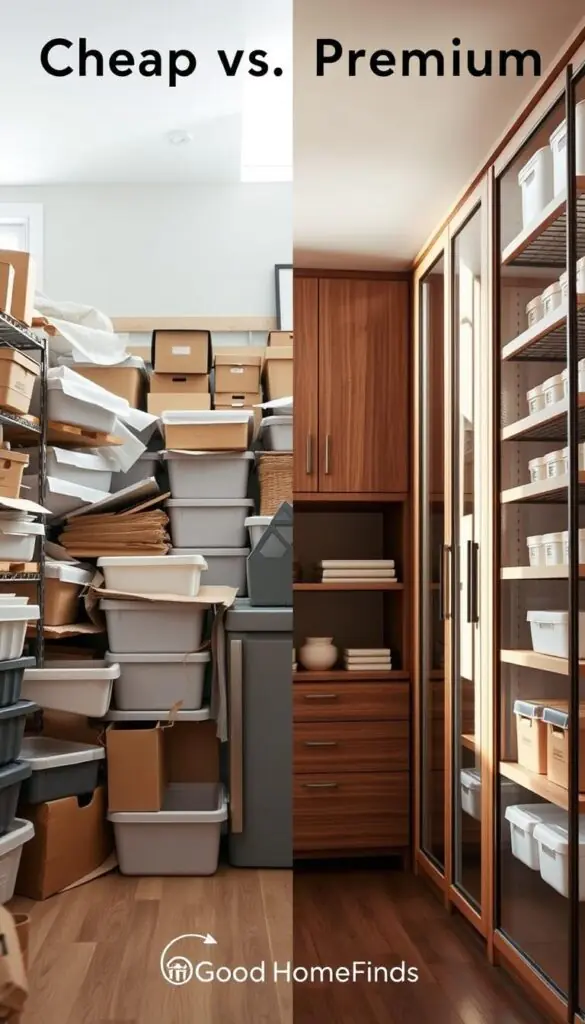 A split-screen image showcasing "Cheap vs Premium Storage Solutions." On the left, depict a cluttered, low-cost storage area with simple plastic bins, low-quality cardboard boxes, and basic shelving units, all in a well-lit environment that exudes a practical yet unrefined feel. Use natural daylight coming through a window to create a bright atmosphere. On the right, illustrate an organized, elegant premium storage space featuring stylish, high-quality wooden cabinets, sleek metal shelving, and neatly labeled containers, bathed in soft, warm artificial light to convey luxury. Ensure a clear visual contrast between the two areas by using a centered dividing line. The overall composition should feel modern and inviting, resembling a Pinterest-style lifestyle photo, branded subtly with "GoodHomeFinds" in the corner.