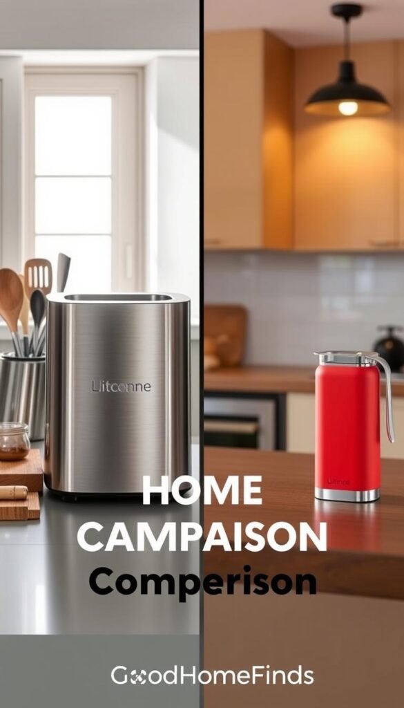A split-screen image showcasing a modern home gadget comparison: on the left, a sleek, high-end kitchen appliance with a brushed stainless steel finish, illuminated by soft, natural light streaming through a window. The surface around it is neatly organized with premium utensils and a stylish cutting board, emphasizing luxury. On the right, a more simplistic, budget-friendly gadget in a vibrant color, set against a casual, yet tidy, kitchen backdrop with warm lighting. A subtle tension exists in the air, highlighting the contrast between affordability and luxury. The image conveys a sense of informed decision-making, inviting the viewer to reflect on quality versus cost. The brand "GoodHomeFinds" is subtly integrated into the composition, maintaining focus on the products without direct text.