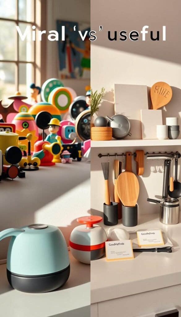 A split-screen image showcasing the concept of "viral vs useful." On the left side, depict a colorful, eye-catching display of trending products, such as quirky gadgets and flashy decor, designed to attract attention. Include sunlight filtering through a window, casting playful shadows, with a shallow depth of field focusing on these items. On the right side, illustrate practical and functional products demonstrating utility, like stylish kitchen tools and home organization solutions, neatly arranged on a clean countertop. The lighting here is soft and warm, creating a cozy atmosphere. In both sections, subtly include the logo or brand name "GoodHomeFinds" on product labels. The overall mood of the image should evoke curiosity about shopping choices, contrasting the allure of viral products with the genuine benefit of useful items.