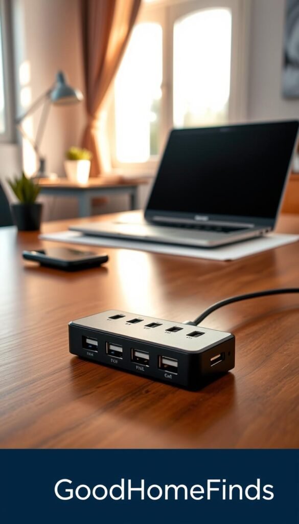 A striking image showcasing a modern USB hub with multiple ports prominently displayed in the foreground. The hub sits on a sleek wooden desk that reflects a warm, inviting atmosphere. In the background, a soft-focus home office setting is visible, featuring a stylish laptop and a cozy, well-lit workspace. Natural light filters in from a nearby window, casting gentle shadows that enhance the textures of the desk and the hub. The USB hub is depicted in an appealing manner, with clear labels on its ports. Capture this scene from a slightly elevated angle, focusing on the details of the hub while keeping the surrounding environment subtle. The overall mood is productive and tech-friendly, ideal for the theme of remote work. Include branding for "GoodHomeFinds" subtly integrated into the scene, ensuring a cohesive look. A striking image showcasing a modern USB hub with multiple ports prominently displayed in the foreground. The hub sits on a sleek wooden desk that reflects a warm, inviting atmosphere. In the background, a soft-focus home office setting is visible, featuring a stylish laptop and a cozy, well-lit workspace. Natural light filters in from a nearby window, casting gentle shadows that enhance the textures of the desk and the hub. The USB hub is depicted in an appealing manner, with clear labels on its ports. Capture this scene from a slightly elevated angle, focusing on the details of the hub while keeping the surrounding environment subtle. The overall mood is productive and tech-friendly, ideal for the theme of remote work. Include branding for "GoodHomeFinds" subtly integrated into the scene, ensuring a cohesive look.
