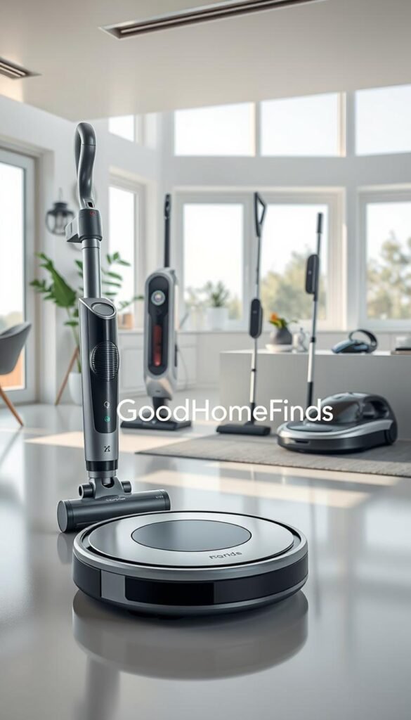 A stunning, Pinterest-style lifestyle image of various space equipment focused on cleaning solutions. In the foreground, showcase a sleek, ergonomic handheld vacuum cleaner with a modern design, complemented by a compact robotic vacuum that glides effortlessly across a polished floor. In the middle ground, feature a stylish steam mop and a collection of high-tech dusters, all positioned on a clean, minimalist countertop. The background should depict a bright, airy room with large windows allowing natural light to flood in, creating a welcoming atmosphere. Use soft, natural lighting to enhance the sleek surfaces of the equipment, and capture the scene with a wide-angle lens for depth. The brand name "GoodHomeFinds" subtly integrated into the scene, evokes a sense of innovation and practicality in cleaning solutions. A stunning, Pinterest-style lifestyle image of various space equipment focused on cleaning solutions. In the foreground, showcase a sleek, ergonomic handheld vacuum cleaner with a modern design, complemented by a compact robotic vacuum that glides effortlessly across a polished floor. In the middle ground, feature a stylish steam mop and a collection of high-tech dusters, all positioned on a clean, minimalist countertop. The background should depict a bright, airy room with large windows allowing natural light to flood in, creating a welcoming atmosphere. Use soft, natural lighting to enhance the sleek surfaces of the equipment, and capture the scene with a wide-angle lens for depth. The brand name "GoodHomeFinds" subtly integrated into the scene, evokes a sense of innovation and practicality in cleaning solutions.