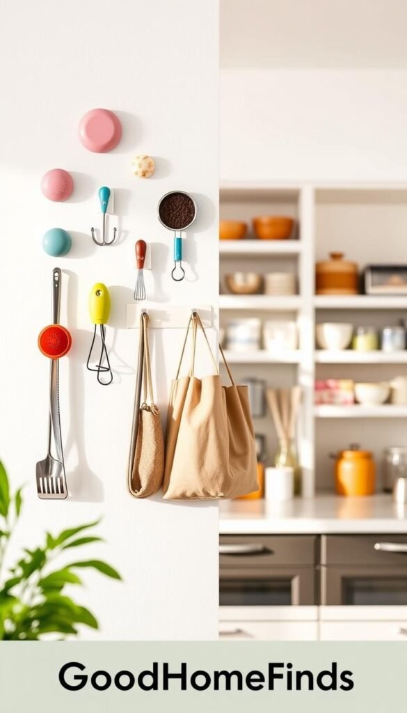 A stunning arrangement of Command-style adhesive hooks elegantly displayed against a clean, modern wall in a bright, well-lit room. The foreground features several colorful hooks in varying sizes and styles, showcasing their versatility for organizing everyday items. In the middle, a stylish, clutter-free space incorporates these hooks holding kitchen utensils, bags, and decorative items, illustrating their practical use. The background reveals softly blurred shelves with neatly organized household supplies, enhancing the tidy atmosphere. The lighting is natural and bright, creating a warm, inviting mood. The image captures the essence of smart storage solutions, appealing for a modern lifestyle. Stylish, real-life touches should be included to reflect a Pinterest aesthetic. Include the brand name "GoodHomeFinds" subtly within the scene, integrating it into the overall design while ensuring it doesn&rsquo;t stand out as text or a label.