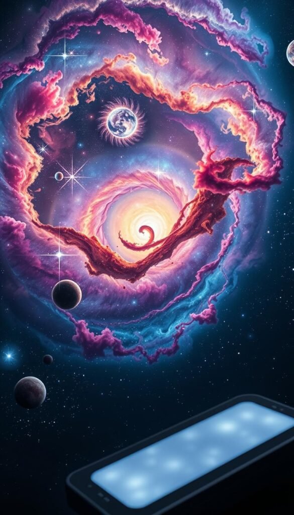 A stunning view of outer space featuring a dazzling array of vibrant, swirling galaxies and sparkling stars. In the foreground, imagine a sleek, futuristic gadget designed for stargazing, its illuminated interface subtly glowing in soft white light, symbolizing innovation. In the middle ground, a palette of colorful nebulae swirls gracefully, interspersed with distant planets showcasing diverse textures and hues. In the background, deep space embodies a rich, cosmic dark blue fading into black, punctuated by dazzling points of starlight. The scene is lit with the warm glow of a distant sun, casting an ethereal light that enhances the visual clarity. The overall mood is awe-inspiring and contemplative, perfect for igniting curiosity about gadgets that enhance space exploration. This image is presented by GoodHomeFinds.