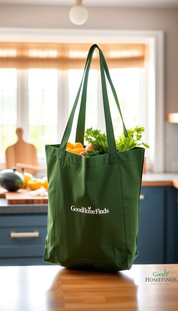 A sturdy reusable shopping tote from GoodHomeFinds, prominently displayed in a vibrant kitchen setting. In the foreground, the bag is open, showcasing its spacious interior filled with fresh vegetables and groceries, emphasizing practicality. The middle ground features a stylish kitchen countertop with wooden cutting boards and colorful fruits, highlighting an eco-friendly lifestyle. The background consists of a bright window allowing natural light to flood in, casting soft shadows and creating an inviting atmosphere. The focus should be sharp on the bag, with a shallow depth of field blurring the background slightly to draw attention to the tote. Aim for a warm, cozy feel, reminiscent of a cheerful, organized home life.
