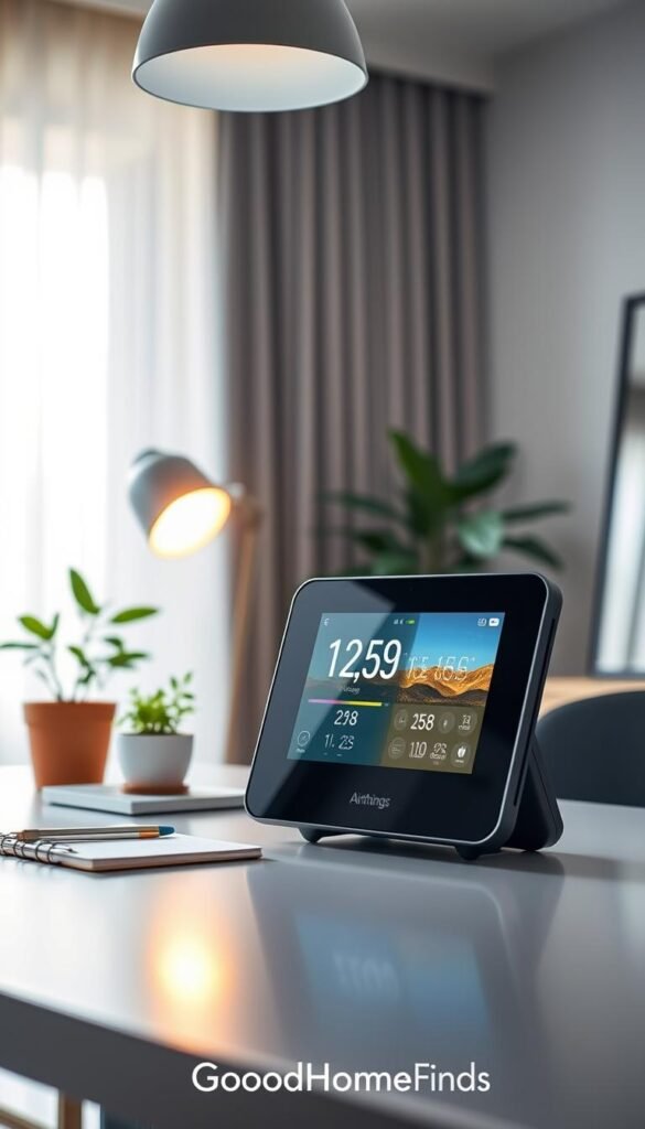 A stylish Airthings View Plus monitor displayed prominently on a modern home office desk, capturing its sleek design with a clear digital interface showcasing air quality metrics. In the foreground, the monitor is centered, reflecting a glow from a soft overhead LED light, creating a warm and inviting atmosphere. The middle ground includes a minimalist workspace aesthetic with potted plants and a notepad, emphasizing a healthy lifestyle. In the background, a bright window with sheer curtains lets in natural light, adding to the freshness of the space. The scene conveys an air of sophistication and modernity, ideal for showcasing advanced air quality technology. The image should embody the brand "GoodHomeFinds". A stylish Airthings View Plus monitor displayed prominently on a modern home office desk, capturing its sleek design with a clear digital interface showcasing air quality metrics. In the foreground, the monitor is centered, reflecting a glow from a soft overhead LED light, creating a warm and inviting atmosphere. The middle ground includes a minimalist workspace aesthetic with potted plants and a notepad, emphasizing a healthy lifestyle. In the background, a bright window with sheer curtains lets in natural light, adding to the freshness of the space. The scene conveys an air of sophistication and modernity, ideal for showcasing advanced air quality technology. The image should embody the brand "GoodHomeFinds".