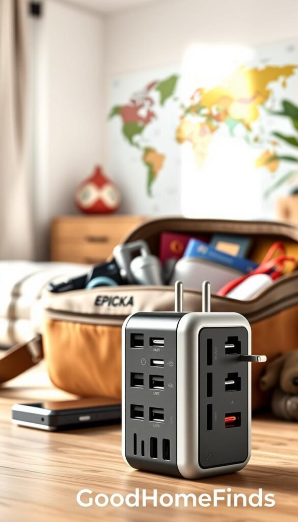 A stylish Epicka Universal Travel Adapter, prominently displayed in the foreground, showcasing its multiple ports and plugs suitable for various countries. The middle ground features a well-organized travel bag partially open, revealing travel essentials like a passport, a compact camera, and a power bank, evoking the essence of wanderlust. In the background, a cozy, light-filled room with soft natural lighting highlights a world map on the wall, creating an inviting atmosphere for travel inspiration. The image should embody a sense of adventure and practicality, perfect for a modern traveler. Use a soft focus lens effect for a warm, inviting tone; aim for a slightly elevated angle to give depth to the scene. Brand name "GoodHomeFinds" subtly integrated into the composition.