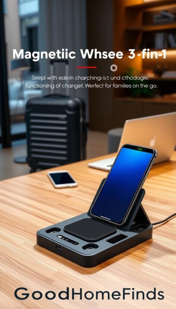 A stylish Iseyyox Magnetic Wireless 3-in-1 Foldable charging station prominently featured in the foreground, showcasing its sleek design and multiple functionalities. The charging station is elegantly unfolded, drawing attention to its wireless charging pad, along with compartments for different devices, set against a polished wooden table. In the middle ground, a soft-focused travel suitcase hints at its portability, while an open laptop and a smartphone are subtly visible. The background features a modern, well-lit home environment, complemented by warm ambient lighting that creates a cozy atmosphere. The scene exudes a sense of convenience and functionality, perfect for families on the go. The image captures the essence of innovative gadgetry, branded with "GoodHomeFinds," with a lens focus that highlights details.