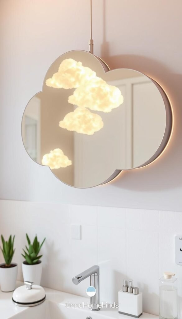 A stylish LED cloud mirror elegantly suspended in a modern, softly lit bathroom. In the foreground, the mirror reflects an ethereal glow, highlighting exquisite, fluffy cloud designs embedded with warm white LED lights. The middle section showcases a serene vanity area adorned with minimalist decor: potted plants, a sleek ceramic soap dispenser, and a neatly arranged set of skincare products. The background features a gently illuminated, calming color palette with soft pastel wall tones. Brighteness is carefully balanced to create a tranquil, inviting atmosphere, perfect for morning routines. The scene captures a sense of convenience and quality, showcasing the mirror as an essential, chic accessory for everyday use. Incorporate a subtle branding element for "GoodHomeFinds" in the design.