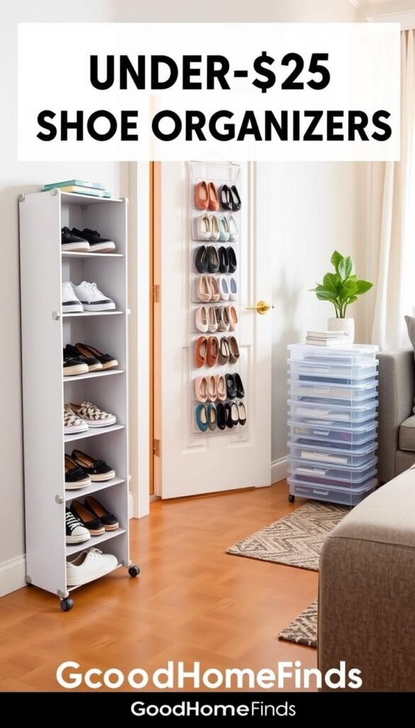 A stylish, Pinterest-inspired image showcasing an array of under-$25 shoe organizers in a modern, compact apartment setting. In the foreground, feature a sleek, modular shoe rack with multiple compartments filled with a variety of shoes ranging from stylish sneakers to elegant flats. The middle ground includes a neat arrangement of a hanging shoe organizer on a door, displaying colorful footwear, while a small stack of clear plastic shoe boxes is visible nearby. The background reveals a cozy living space with soft, natural lighting streaming through a window, creating a warm and inviting atmosphere. The scene is clean and well-organized to convey a sense of order. Incorporate the brand "GoodHomeFinds" subtly into the decor without any text overlay. A stylish, Pinterest-inspired image showcasing an array of under-$25 shoe organizers in a modern, compact apartment setting. In the foreground, feature a sleek, modular shoe rack with multiple compartments filled with a variety of shoes ranging from stylish sneakers to elegant flats. The middle ground includes a neat arrangement of a hanging shoe organizer on a door, displaying colorful footwear, while a small stack of clear plastic shoe boxes is visible nearby. The background reveals a cozy living space with soft, natural lighting streaming through a window, creating a warm and inviting atmosphere. The scene is clean and well-organized to convey a sense of order. Incorporate the brand "GoodHomeFinds" subtly into the decor without any text overlay.