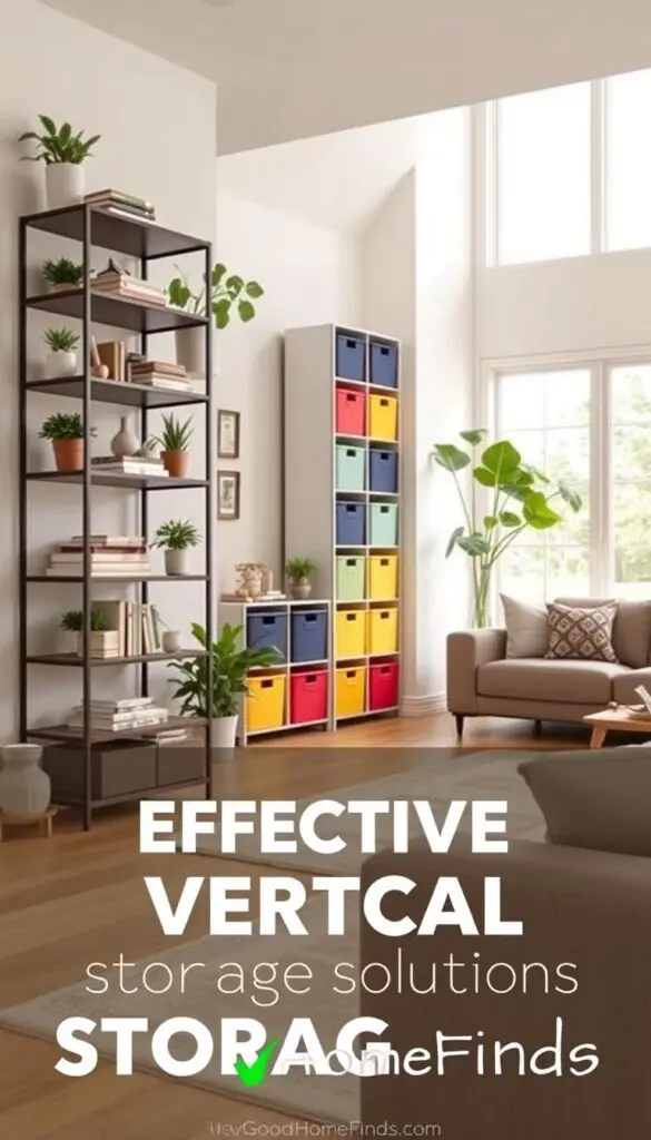 A stylish, Pinterest-worthy image showcasing effective vertical storage solutions in a contemporary living room. In the foreground, elegant shelves filled with neatly arranged plants, books, and decorative boxes, demonstrating organization and aesthetic appeal. In the middle ground, a tall, freestanding storage unit maximizing wall height, with colorful bins for easy access, all set against light-colored walls to enhance brightness. The background features a cozy, well-lit space with large windows allowing natural sunlight to pour in, creating a warm, inviting atmosphere. Lens focus on the vertical elements, shot from a slight low angle to emphasize height. The overall mood is fresh, organized, and inspiring. Incorporate branding elements of "GoodHomeFinds" subtly throughout the image.