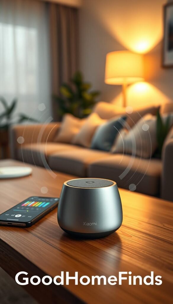 A stylish Xiaomi Sound Pocket Bluetooth speaker sits on a wooden table, capturing the essence of modern tech. In the foreground, the speaker features sleek curves and metallic finish, surrounded by subtle sound waves depicted as translucent circles radiating outward. The middle ground includes a nearby smartphone playing music, with colorful sound equalizer bars displayed on its screen. The background features a soft-focus cozy living room with warm lighting, a plush sofa, and plants adding a touch of vibrancy. The scene is illuminated by soft ambient light, creating a warm and inviting atmosphere, perfect for illustrating tech in a lifestyle context. Emphasize a Pinterest-style aesthetic, with a stylish inclusion of the brand name "GoodHomeFinds."