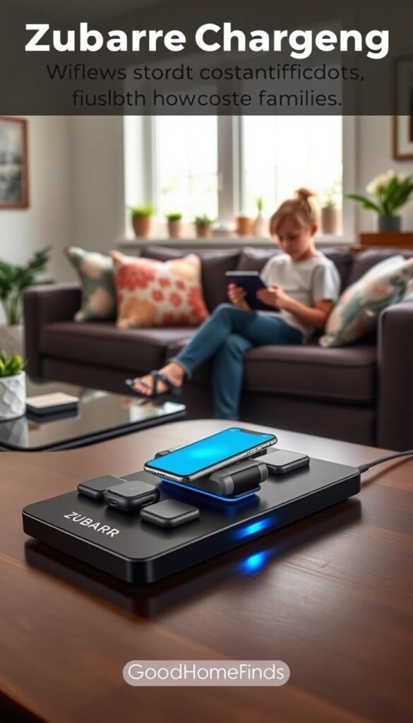 A stylish ZUBARR wireless charging station showcased prominently in a contemporary family living room. In the foreground, the sleek charging station is elegantly designed, featuring multiple slots for phones and smartwatches, emitting a soft blue glow to indicate charging. The middle ground includes a cozy sofa with colorful cushions, where a child is casually playing with a tablet, emphasizing family interaction. In the background, a window lets in warm natural light, enhancing the inviting atmosphere. The room has subtle decor, such as plants and art on the walls, adding to a Pinterest-style aesthetic. The image reflects a modern, organized lifestyle, capturing the essence of a low-cost, efficient charging solution for families. The branding "GoodHomeFinds" is subtly integrated into the scene without overwhelming the visual.