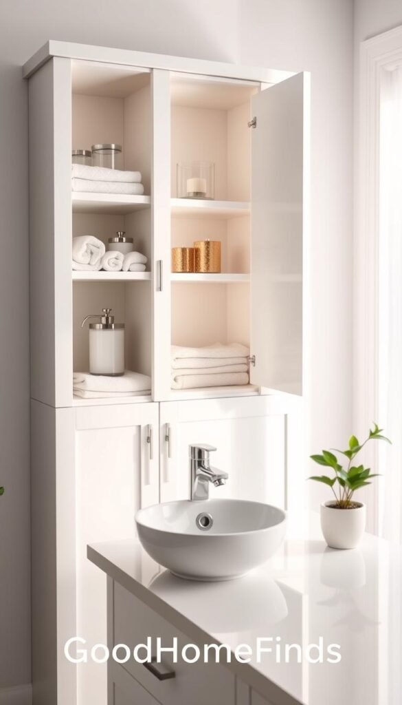 A stylish and compact bathroom cabinet made from sleek white wood, featuring a minimalist design with clean lines and practical storage solutions. The cabinet is open, showcasing organized shelves filled with neatly stacked towels, elegant glass jars, and scented candles. In the foreground, a tiny sink with a modern faucet gleams, accompanied by a polished countertop displaying a small potted plant for a touch of greenery. Soft, natural light filters in from a nearby window, illuminating the space and creating a fresh, airy atmosphere. The background is softly blurred to emphasize the details of the cabinet and sink, reminiscent of Pinterest-style lifestyle images. Include the brand name "GoodHomeFinds" subtly integrated into the setting, enhancing the aesthetic without any text overlays or distractions.