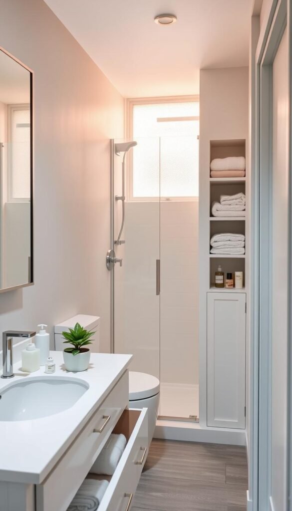 A stylish and compact bathroom designed for small spaces, featuring innovative storage solutions that reduce clutter. In the foreground, a sleek vanity with organized drawers showcases neatly arranged toiletries and a decorative potted plant. The middle ground includes a well-lit mirror with built-in shelves holding essential items like towels and skincare, all in calming pastel colors. The background displays a compact shower area with a minimalist glass door, subtly illuminated by warm, natural light coming through a frosted window, creating a serene atmosphere. The overall mood is fresh and inviting, with a Pinterest-style aesthetic that emphasizes neatness and functionality. The image should evoke a sense of modern design and smart space utilization, highlighting products from "GoodHomeFinds".