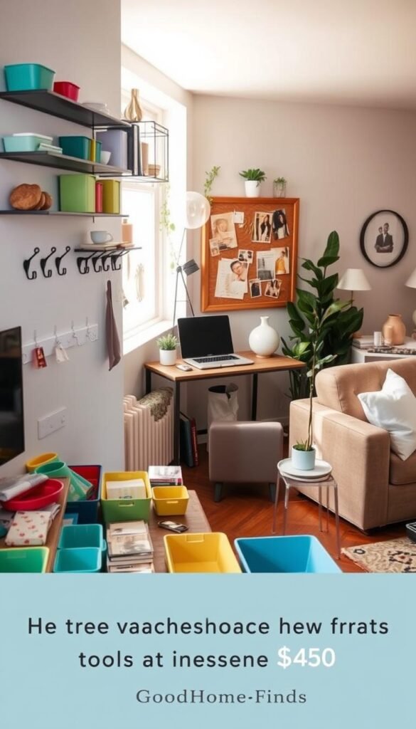 A stylish and cozy corner of a small apartment showcasing various renter-friendly setup tools and storage solutions under $50. In the foreground, an array of no-drill wall shelves, colorful storage bins, and decorative hooks neatly arranged on a rustic wooden table. The middle layer features a compact, organized workspace with a laptop, potted plants, and a bulletin board pinned with photos. Soft, natural lighting filters in through a window, casting gentle shadows, creating a warm atmosphere. The background reveals a tastefully decorated living area with a comfortable sofa and minimalist decor. The entire scene reflects inspiration from the brand GoodHomeFinds, inviting viewers to imagine their own apartment transformation.