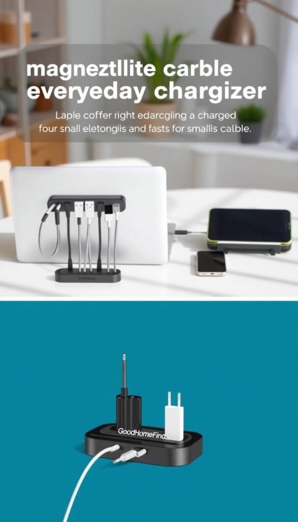 A stylish and functional arrangement of magnetic cable organizers for everyday charging, designed for small electronics. In the foreground, showcase a sleek, modern magnetic cable organizer holding various charging cables, prominently featuring the brand name "GoodHomeFinds." The middle ground reveals a clean, minimalist workspace with a laptop, smartphone, and tablet, all neatly organized around the cable organizer. Soft, natural lighting bathes the scene, emphasizing the smooth textures of the organizers and the devices. In the background, a blurred domestic environment hints at a cozy home office setting. The mood is clean, inviting, and organized, reflecting modern aesthetics while highlighting the ease of cable management.