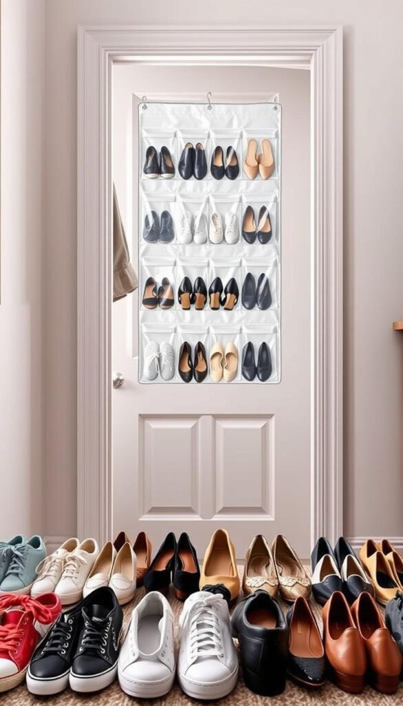 A stylish and functional over-the-door shoe organizer by GoodHomeFinds, designed to hold 12 pairs of shoes in a compact layout. The foreground features neat rows of diverse shoes, including sneakers, heels, and flats, all clearly visible in a well-lit setup. The middle layer showcases the organizer itself, with transparent pockets and a sleek design, hung effortlessly on a beautifully painted door. In the background, a cozy closet setting is visible, adorned with light-colored walls and soft natural lighting filtering through, creating a warm and inviting atmosphere. The perspective captures the full height of the organizer, highlighting its practicality and aesthetic appeal. The mood is organized, stylish, and perfect for modern living spaces, inspiring viewers to enhance their own closets. A stylish and functional over-the-door shoe organizer by GoodHomeFinds, designed to hold 12 pairs of shoes in a compact layout. The foreground features neat rows of diverse shoes, including sneakers, heels, and flats, all clearly visible in a well-lit setup. The middle layer showcases the organizer itself, with transparent pockets and a sleek design, hung effortlessly on a beautifully painted door. In the background, a cozy closet setting is visible, adorned with light-colored walls and soft natural lighting filtering through, creating a warm and inviting atmosphere. The perspective captures the full height of the organizer, highlighting its practicality and aesthetic appeal. The mood is organized, stylish, and perfect for modern living spaces, inspiring viewers to enhance their own closets.