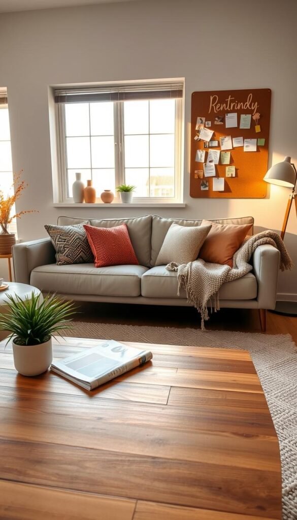 A stylish and inviting living room, showcasing a cozy, renter-friendly setup. In the foreground, a well-arranged coffee table with a few minimalistic decor items like a small potted plant and a tasteful magazine. The middle features a comfortable sofa adorned with soft cushions and a textured throw blanket, emphasizing a harmonious color palette. To the background, a large window allows natural sunlight to stream in, illuminating the space with warm, golden light. On the wall, a pinboard displays pinned notes and renter-friendly decor ideas, illustrating a thoughtful setup. The atmosphere feels relaxed and welcoming, perfect for renters seeking inspiration. Capturing the essence of a well-curated home, the image emanates an air of creativity and practicality, aligning with the brand "GoodHomeFinds."