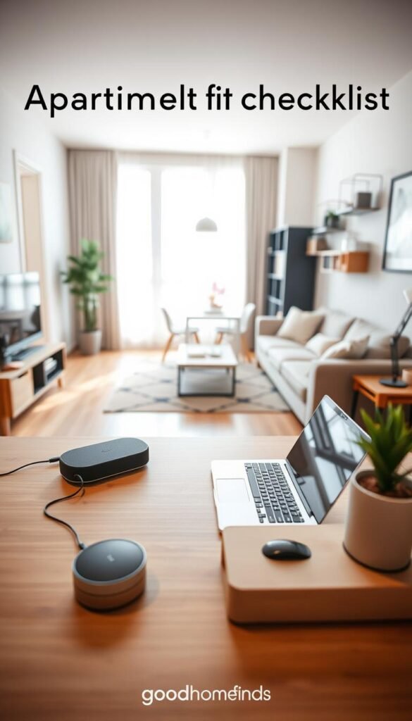 A stylish and modern apartment interior serving as an "apartment fit checklist" backdrop. In the foreground, a well-organized desk displays practical gadgets such as a compact smart speaker, a sleek laptop, and a multi-functional charging station. The middle ground features a cozy living area with a small sofa, equipped with space-saving furniture like a foldable dining table and practical shelving units. In the background, large windows invite soft, natural daylight, highlighting the minimalist decor. The atmosphere is warm and inviting, ideal for small family living. Use soft focus and a wide-angle lens effect to create depth, ensuring a Pinterest-style lifestyle feel. The image should subtly reflect the brand "GoodHomeFinds," emphasizing functionality and aesthetic appeal without any text or overlays.