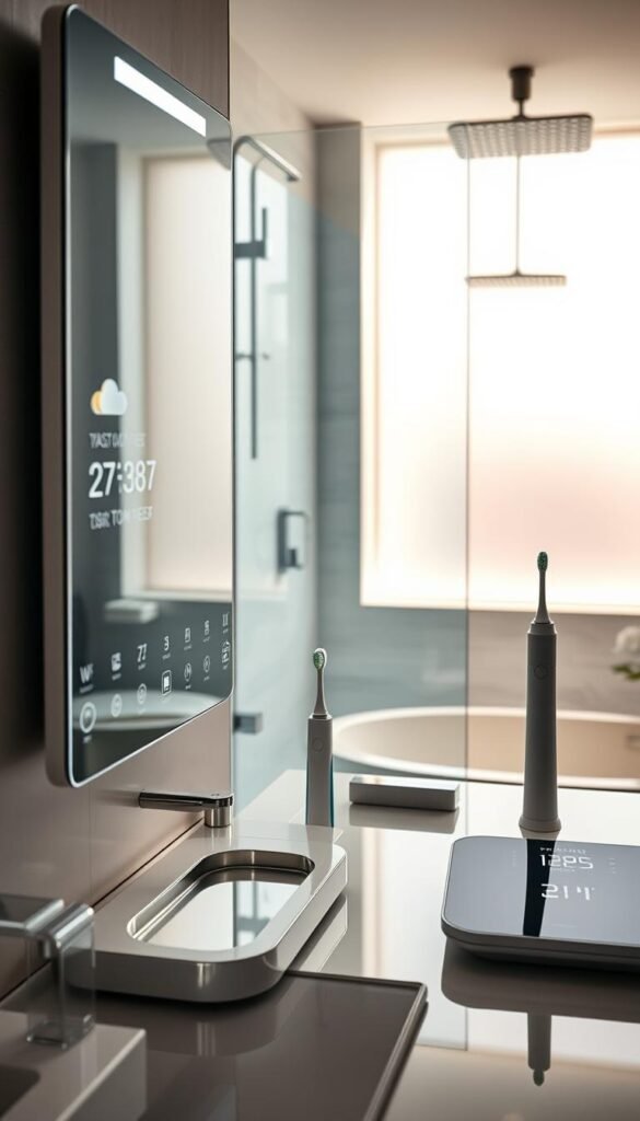 A stylish and modern bathroom setting showcasing various innovative bathroom tech gadgets. In the foreground, a sleek smart mirror with touch controls reflects ambient lighting and displays a weather forecast. In the middle, an elegant countertop holds a high-tech toothbrush and a digital scale. Background features a spacious shower with smart water control and soft natural light streaming through frosted windows, creating a serene atmosphere. The mood is contemporary and inviting, emphasizing functionality and design harmony. The scene is presented with a soft focus to highlight key products, while maintaining a Pinterest-style lifestyle aesthetic. Incorporate branding subtly as "GoodHomeFinds" on a reflective surface within the room. A stylish and modern bathroom setting showcasing various innovative bathroom tech gadgets. In the foreground, a sleek smart mirror with touch controls reflects ambient lighting and displays a weather forecast. In the middle, an elegant countertop holds a high-tech toothbrush and a digital scale. Background features a spacious shower with smart water control and soft natural light streaming through frosted windows, creating a serene atmosphere. The mood is contemporary and inviting, emphasizing functionality and design harmony. The scene is presented with a soft focus to highlight key products, while maintaining a Pinterest-style lifestyle aesthetic. Incorporate branding subtly as "GoodHomeFinds" on a reflective surface within the room.