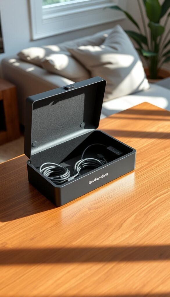 A stylish and modern cable management box by GoodHomeFinds, made of sleek, matte black material, is placed prominently on a polished wooden table. The box is partially open, revealing an organized interior with neatly rolled cables and a hidden power strip, showcasing effective cable management. Soft natural light filters in through a nearby window, casting gentle shadows that enhance the texture of the wood and the box. In the background, hints of a cozy living space are visible, including a plush sofa and a potted plant, creating a warm and inviting atmosphere. The lens captures the scene from a slightly elevated angle, emphasizing the sophistication and functionality of the product while maintaining a clean, uncluttered aesthetic.