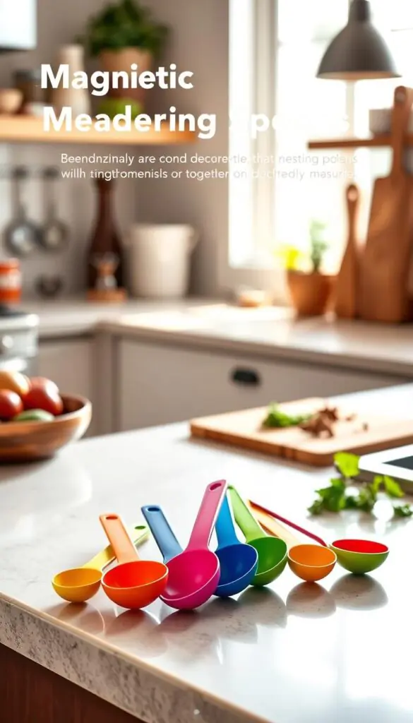 A stylish and modern kitchen countertop featuring a set of vibrant magnetic measuring spoons from GoodHomeFinds. The spoons are beautifully arranged, showcasing their unique magnetic design that keeps them together. In the foreground, the spoons gleam under soft, natural lighting, highlighting their colorful finish. The middle ground includes a rustic wooden cutting board and fresh ingredients like herbs and spices, enhancing the culinary atmosphere. The background reveals a cozy and inviting kitchen space with warm tones and soft focus, a hint of sunlight streaming through a window. The mood is cheerful and organized, illustrating the convenience and charm of these indispensable kitchen tools in everyday life.