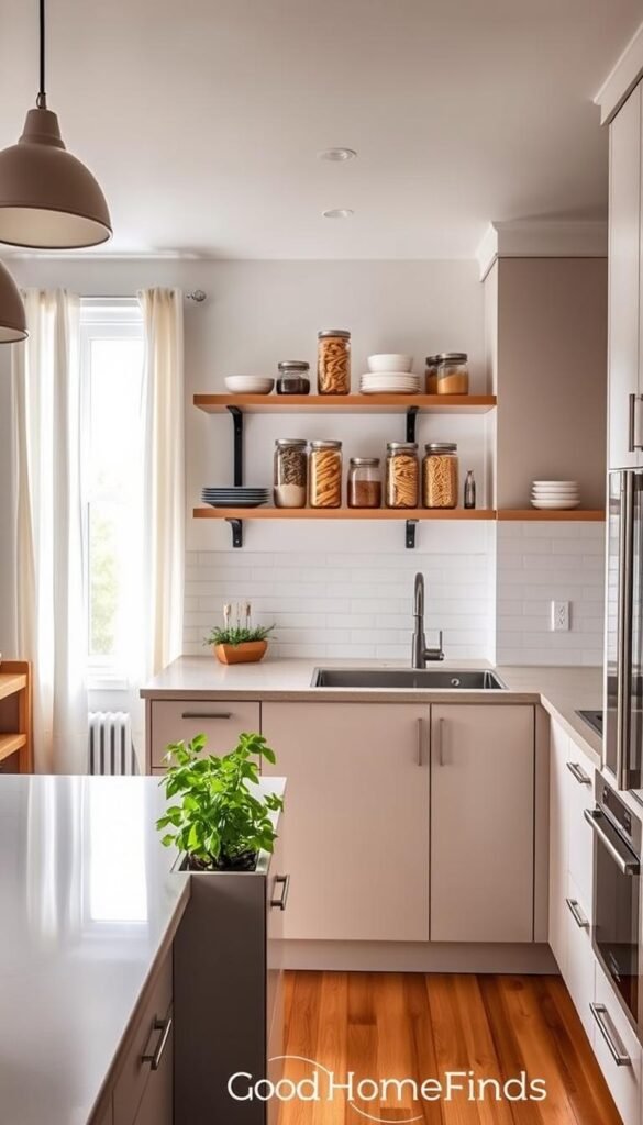 A stylish and modern kitchen designed for small spaces, showcasing brilliant countertop solutions and innovative cabinet storage ideas. In the foreground, a sleek, compact kitchen island with a polished white countertop and vibrant potted herbs. In the middle, open shelving displaying neatly organized dishware and glass jars filled with pasta and spices, seamlessly blending functionality with aesthetics. In the background, light-filled windows with sheer curtains, allowing natural sunlight to brighten the space, emphasizing a clean and airy atmosphere. The flooring is a warm wood, creating a cozy vibe, while subtle pendant lights cast a soft glow. Shot with a 35mm lens from a slightly elevated angle, evoking a Pinterest-style lifestyle feel. Branding subtly incorporated: "GoodHomeFinds".