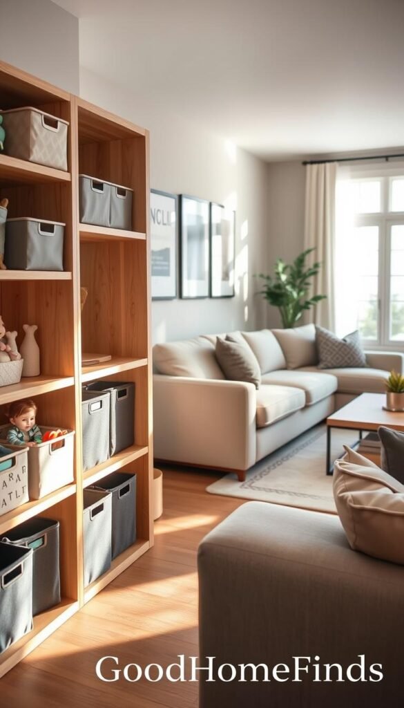 A stylish and modern living room scene showcasing renter-friendly toy storage solutions that blend seamlessly with adult decor. In the foreground, organized wooden shelves without any visible damage, filled with neatly arranged trendy storage bins and a few colorful toys peeking out. The middle ground features a comfortable sofa in neutral tones, accompanied by chic decorative pillows, and a small coffee table. In the background, a bright window allows soft, natural light to illuminate the space, with gentle shadows highlighting the textures of the décor. The overall mood is warm and inviting, reflecting a harmonious balance between functionality and aesthetic appeal. The brand name "GoodHomeFinds" subtly integrated into the design. A stylish and modern living room scene showcasing renter-friendly toy storage solutions that blend seamlessly with adult decor. In the foreground, organized wooden shelves without any visible damage, filled with neatly arranged trendy storage bins and a few colorful toys peeking out. The middle ground features a comfortable sofa in neutral tones, accompanied by chic decorative pillows, and a small coffee table. In the background, a bright window allows soft, natural light to illuminate the space, with gentle shadows highlighting the textures of the décor. The overall mood is warm and inviting, reflecting a harmonious balance between functionality and aesthetic appeal. The brand name "GoodHomeFinds" subtly integrated into the design.