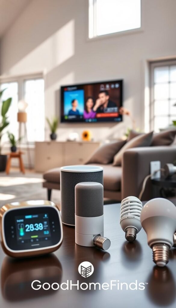 A stylish and modern living room showcasing a mix of budget and premium smart home devices in a practical setting. In the foreground, a sleek smart thermostat, an affordable smart speaker, and trendy smart light bulbs on a coffee table. In the middle, a high-end smart display with voice assistant functionality mounted on the wall and a budget-friendly smart plug visibly plugged into an outlet. The background features a cozy couch and decorative plants, creating an inviting atmosphere. Soft, natural lighting streams in through large windows, casting gentle shadows. The overall mood is warm, inviting, and tech-savvy, with a hint of elegance. A faint logo of "GoodHomeFinds" subtly integrated into the scene, enhancing the lifestyle appeal.