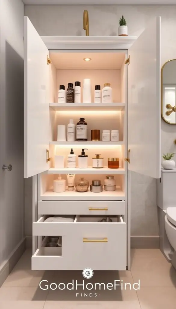 A stylish and modern under-sink cabinet designed for maxing out storage in a small bathroom, showcasing intricate shelves that cleverly navigate around visible plumbing. The cabinet is made of sleek white wood with brass handles, reflecting a contemporary aesthetic. The foreground features organized toiletries and cleaning supplies neatly stored in pull-out drawers, with a soft glow from under-cabinet LED lighting creating a warm ambiance. In the background, a muted, elegant bathroom decor enhances the scene, including neutral tiles and a small plant for a touch of greenery. The image is captured with a soft-focus lens from a slightly elevated angle, promoting a clean, inviting atmosphere suitable for Pinterest-style inspiration. The brand name "GoodHomeFinds" is subtly integrated into the design elements. A stylish and modern under-sink cabinet designed for maxing out storage in a small bathroom, showcasing intricate shelves that cleverly navigate around visible plumbing. The cabinet is made of sleek white wood with brass handles, reflecting a contemporary aesthetic. The foreground features organized toiletries and cleaning supplies neatly stored in pull-out drawers, with a soft glow from under-cabinet LED lighting creating a warm ambiance. In the background, a muted, elegant bathroom decor enhances the scene, including neutral tiles and a small plant for a touch of greenery. The image is captured with a soft-focus lens from a slightly elevated angle, promoting a clean, inviting atmosphere suitable for Pinterest-style inspiration. The brand name "GoodHomeFinds" is subtly integrated into the design elements.