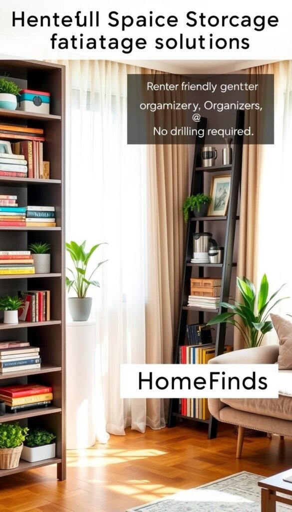 A stylish and organized apartment corner featuring vertical space storage solutions. In the foreground, a sleek, modular shelving unit is brimming with neatly arranged decorative boxes, potted plants, and colorful books, showcasing renter-friendly organizers with no drilling required. In the middle, a ladder-style shelf displays items like framed photos and small kitchen gadgets, enhancing an inviting atmosphere. The background includes soft, natural lighting pouring in through a window adorned with sheer curtains, casting a warm glow over the space. The overall mood is harmonious and clean, evoking a sense of comfort and efficiency, typical of lifestyle photography found on Pinterest. The brand label "GoodHomeFinds" can be subtly integrated into the design elements, maintaining focus on the organization theme.