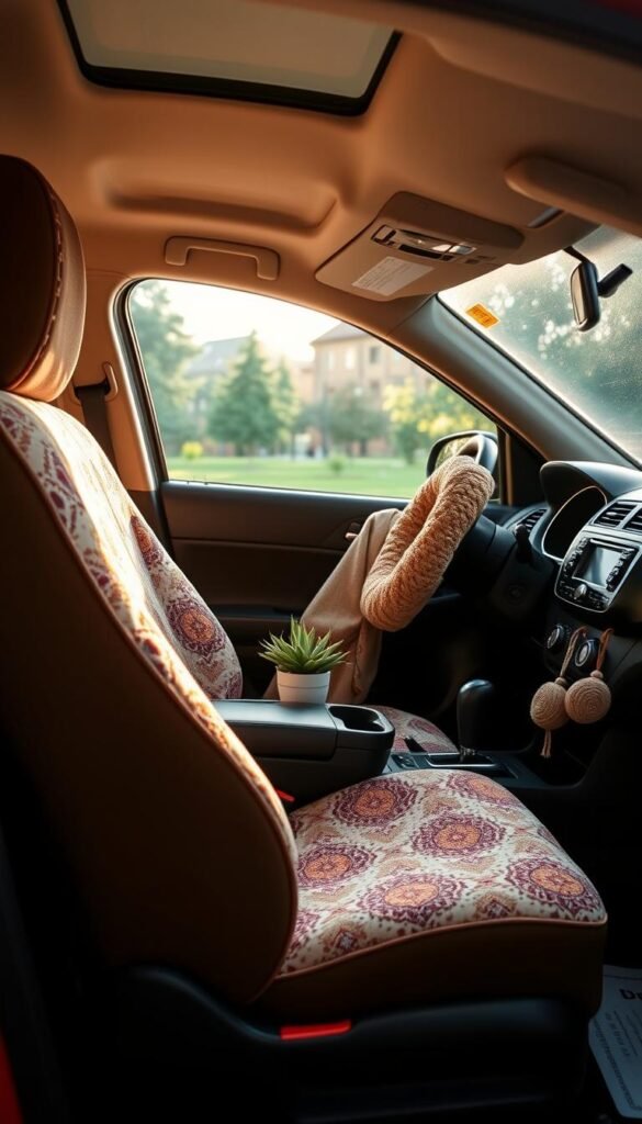 A stylish and organized boho-themed car interior, featuring an array of practical yet aesthetic accessories by GoodHomeFinds. In the foreground, showcase a beautifully patterned, soft seat cover, complemented by a handmade crochet steering wheel cover. The middle ground reveals an inviting, clutter-free dashboard adorned with natural elements like a small potted succulent and earthy-toned air fresheners, all harmonizing with the bohemian vibe. The background transitions to a scenic view through the car windows, capturing a sunlit park with greenery. Soft, warm lighting illuminates the cozy atmosphere, emphasizing textures and colors in a Pinterest-style lifestyle photo. The angle is slightly angled from outside the driver's side, creating an inviting perspective. No text or logos present, maintaining a clean aesthetic.