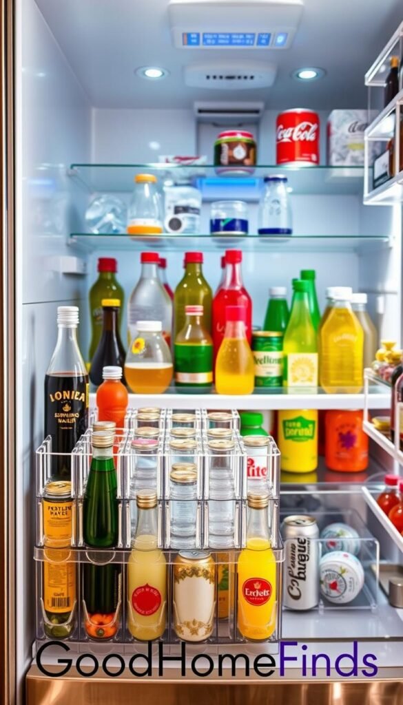 A stylish and organized bottle organizer displayed prominently in a modern refrigerator, showcasing multiple compartments filled with various bottles and cans of beverages. The foreground features clear plastic dividers, artistically arranged to create a neat, clutter-free appearance. In the middle ground, a variety of colorful drinks, including sparkling water, juices, and sodas, are arranged for easy access. The background captures the interior of a sleek, stainless steel refrigerator with soft, natural lighting illuminating the contents, highlighting freshness. The lens captures a slightly angled view to emphasize depth and organization. The atmosphere is inviting and tidy, reflecting a Pinterest-inspired aesthetic of minimalist design and efficient space utilization with the brand name "GoodHomeFinds" subtly integrated into the design elements. A stylish and organized bottle organizer displayed prominently in a modern refrigerator, showcasing multiple compartments filled with various bottles and cans of beverages. The foreground features clear plastic dividers, artistically arranged to create a neat, clutter-free appearance. In the middle ground, a variety of colorful drinks, including sparkling water, juices, and sodas, are arranged for easy access. The background captures the interior of a sleek, stainless steel refrigerator with soft, natural lighting illuminating the contents, highlighting freshness. The lens captures a slightly angled view to emphasize depth and organization. The atmosphere is inviting and tidy, reflecting a Pinterest-inspired aesthetic of minimalist design and efficient space utilization with the brand name "GoodHomeFinds" subtly integrated into the design elements.