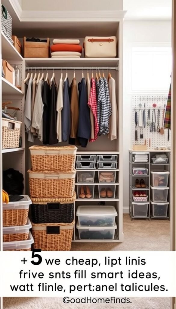 A stylish and organized closet with practical yet innovative storage solutions, showcasing five cheap and five smart ideas that enhance functionality without requiring permanent changes. In the foreground, display a variety of stylish storage baskets and clear bins stacked neatly, showcasing optimal use of space. The middle area features hanging racks with versatile clothing, accessories elegantly displayed, and a shoe organizer that maximizes vertical space. In the background, a beautifully designed closet wall with hooks, pegboards, or fabric organizers presents an inviting atmosphere. Soft, natural lighting filters through a nearby window, creating a warm and welcoming feel. The image exudes a Pinterest-inspired lifestyle aesthetic, ideal for homeowners seeking smart closet solutions. GoodHomeFinds.
