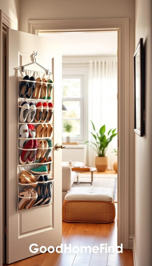 A stylish and organized door shoe organizer hanging on the back of a modern apartment door in a cozy, well-lit entryway. The organizer features a clean design with multiple clear pockets, each neatly holding various pairs of shoes, from colorful sneakers to elegant flats. The foreground showcases the shoe organizer filled to capacity, highlighting practicality and space-saving benefits. In the middle, the door is painted a soft pastel color, complementing the versatile aesthetic of the surroundings. In the background, glimpses of a small, welcoming living area can be seen, with houseplants and minimalist decor adding warmth. Natural light filters in through a nearby window, creating a bright, cheerful atmosphere. The composition reflects contemporary living with the brand name "GoodHomeFinds" subtly incorporated into the design layout.