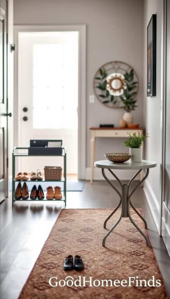 A stylish and organized entryway scene that embodies a modern aesthetic. In the foreground, a chic shoe rack displays neatly arranged shoes, while a small, elegant table holds keys and a mail organizer. A cozy runner rug adds warmth to the space. In the middle, a stylish console table is adorned with a decorative bowl for loose change and a potted plant, creating a welcoming vibe. The background features a bright, airy space with a door that allows natural light to flood in, enhancing the atmosphere. Soft, diffused lighting casts gentle shadows, and the entire scene captures a serene, clutter-free entryway. The composition has a Pinterest-worthy, lifestyle photo quality, branded subtly with "GoodHomeFinds". A stylish and organized entryway scene that embodies a modern aesthetic. In the foreground, a chic shoe rack displays neatly arranged shoes, while a small, elegant table holds keys and a mail organizer. A cozy runner rug adds warmth to the space. In the middle, a stylish console table is adorned with a decorative bowl for loose change and a potted plant, creating a welcoming vibe. The background features a bright, airy space with a door that allows natural light to flood in, enhancing the atmosphere. Soft, diffused lighting casts gentle shadows, and the entire scene captures a serene, clutter-free entryway. The composition has a Pinterest-worthy, lifestyle photo quality, branded subtly with "GoodHomeFinds".