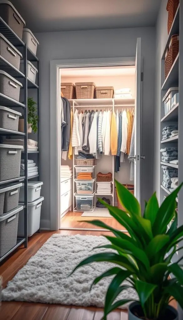 A stylish and organized indoor storage space, showcasing various storage solutions like stackable bins, hanging organizers, and shelves filled with neatly arranged items. In the foreground, a vibrant indoor plant adds a touch of life, while a cozy rug lies beneath. The middle ground features an open closet with neatly folded clothes and seasonal items in clear containers. In the background, soft, natural light streams through a large window, creating a warm and inviting atmosphere. The scene is shot from a slightly elevated angle, capturing the whole storage area while ensuring everything is well-lit and aesthetically pleasing. Emphasize a modern, minimalist design that reflects the brand GoodHomeFinds, conveying practicality and elegance in everyday living.