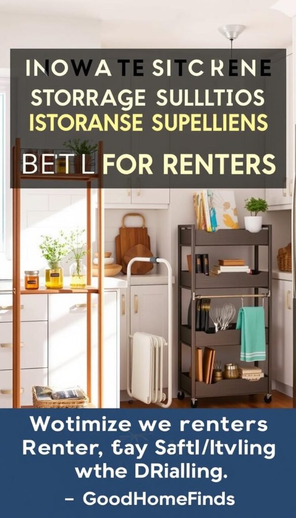 A stylish and organized kitchen featuring innovative storage solutions ideal for renters, emphasizing space-saving designs. In the foreground, a sleek, wooden shelving unit holds labeled jars and potted herbs. In the middle, a compact multi-tiered cart is neatly arranged with kitchen essentials like utensils and cookbooks, enhancing accessibility. The background showcases a bright, modern kitchen with minimalist cabinetry and light-colored walls. Soft, natural light streams in through a window, casting gentle shadows, enhancing the airy atmosphere. A cozy rug underfoot anchors the space, while colorful dish towels add a pop of color. The scene exudes a warm, inviting mood, perfect for inspiring renters to optimize their kitchen storage without drilling. The image reflects the brand "GoodHomeFinds."